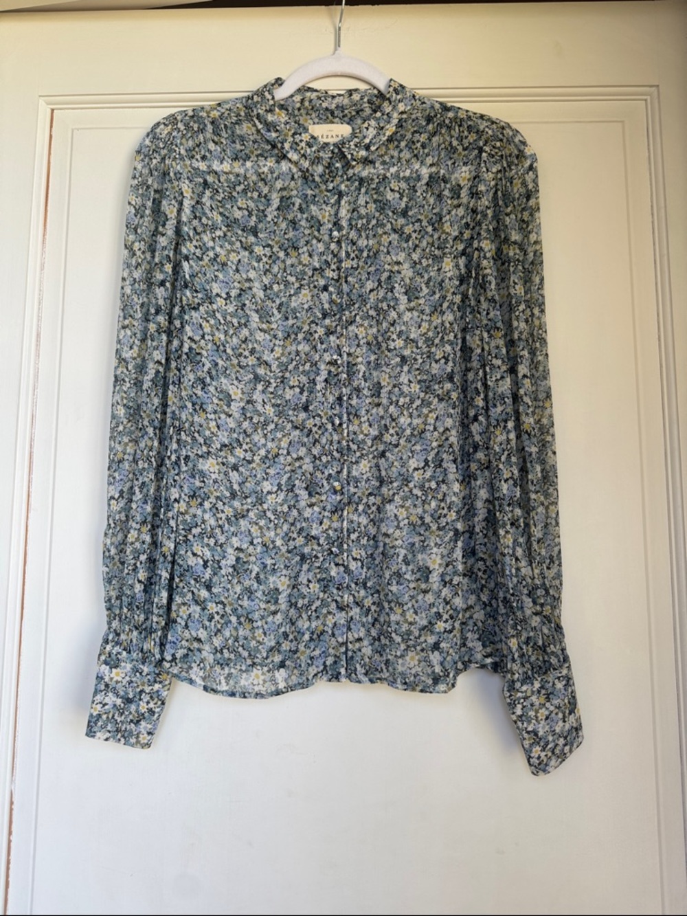 Light Blue Floral Long-Sleeve Blouse Slightly Sheer By Sezane